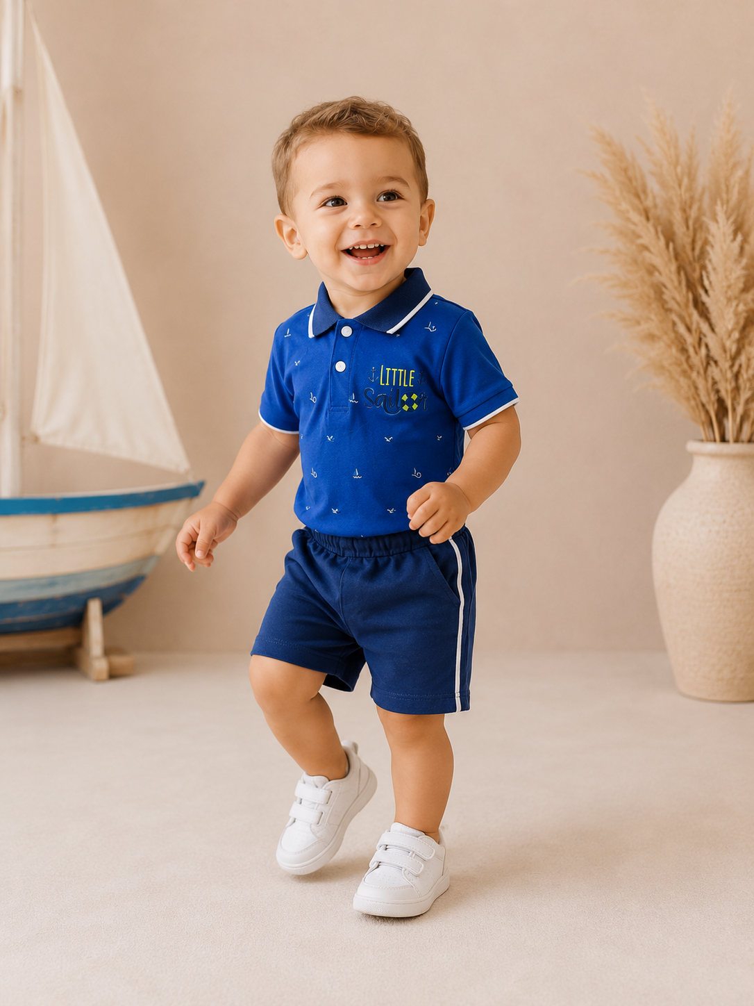 Maza zēna foto zilā kokvilnas polo komplektā Little Sailor ar ērtiem vasaras šortiem.